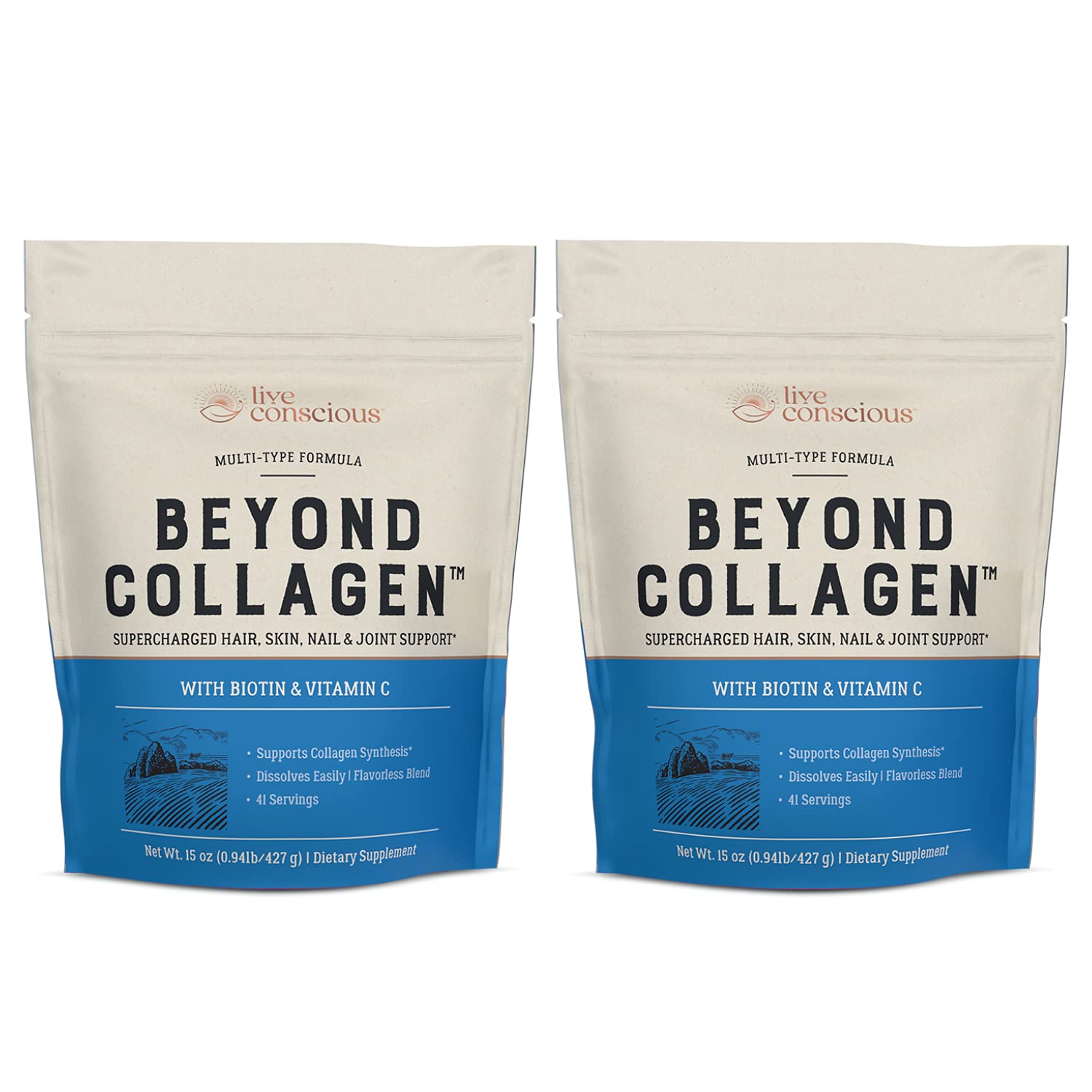 Live Conscious Beyond Collagen powder bottle promoting healthy skin, hair, and nails.
