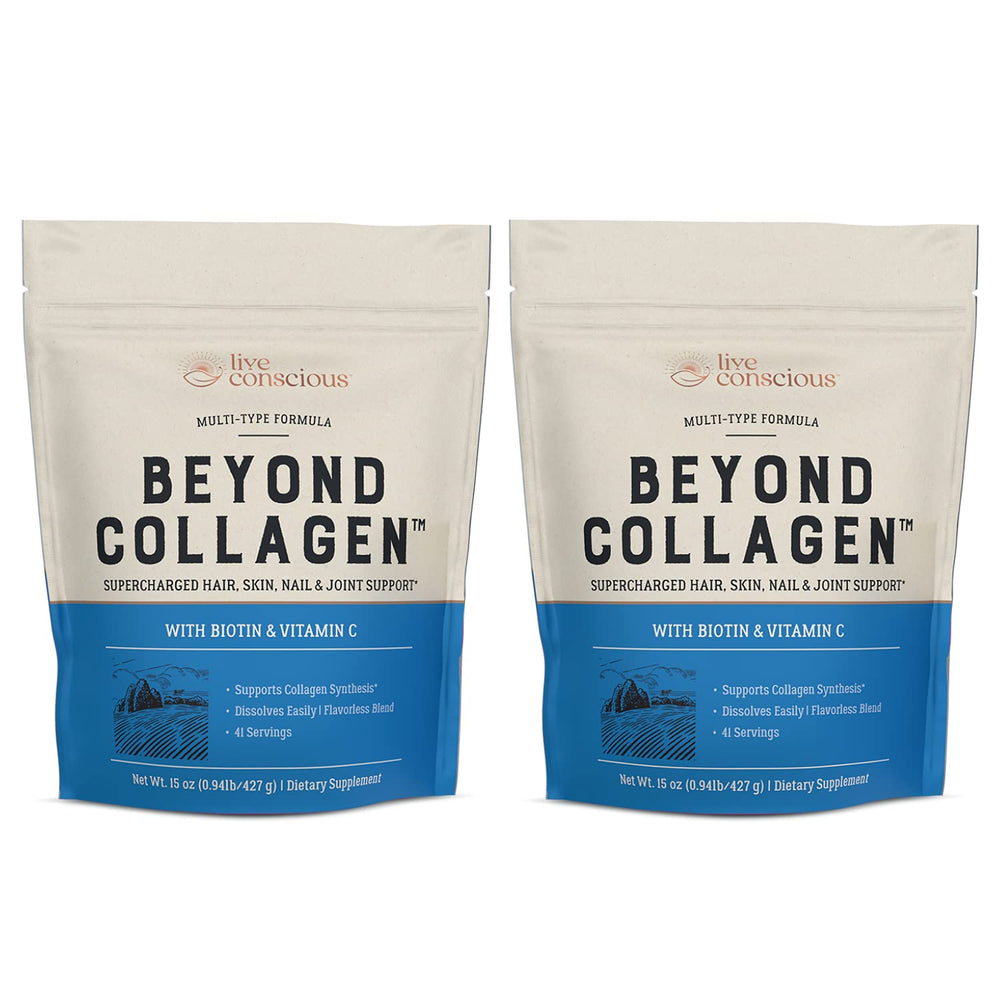 Live Conscious Beyond Collagen powder bottle promoting healthy skin, hair, and nails.