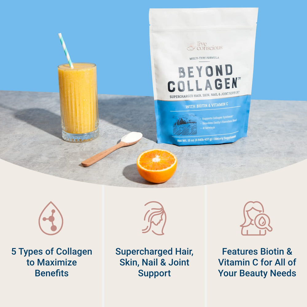 Live Conscious Beyond Collagen scoop beside bottle for easy daily use.
