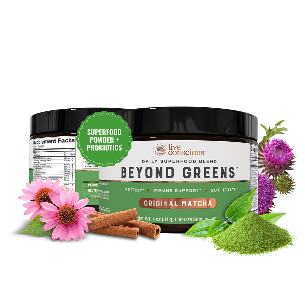Live Conscious Beyond Greens bottle with powder for a convenient daily routine.