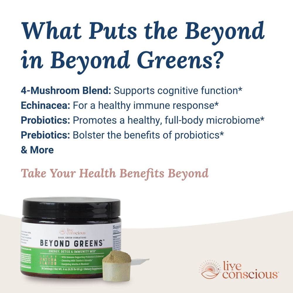 Live Conscious Beyond Greens chlorella closeup details nutrient‑dense greens and fiber