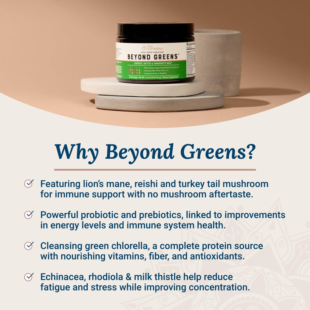 Live Conscious Beyond Greens label close-up highlighting chlorella and probiotics.