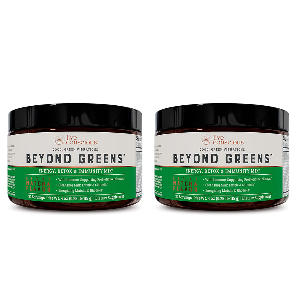 Live Conscious Beyond Greens matcha powder tub showing convenient daily superfood boost
