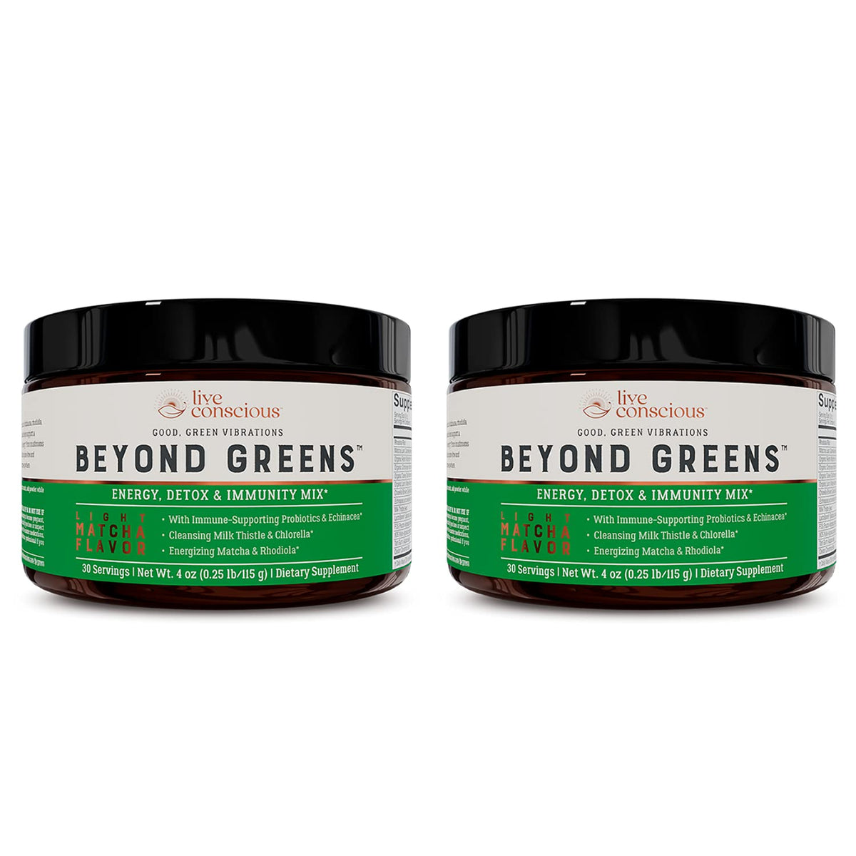 Live Conscious Beyond Greens matcha powder tub showing convenient daily superfood boost