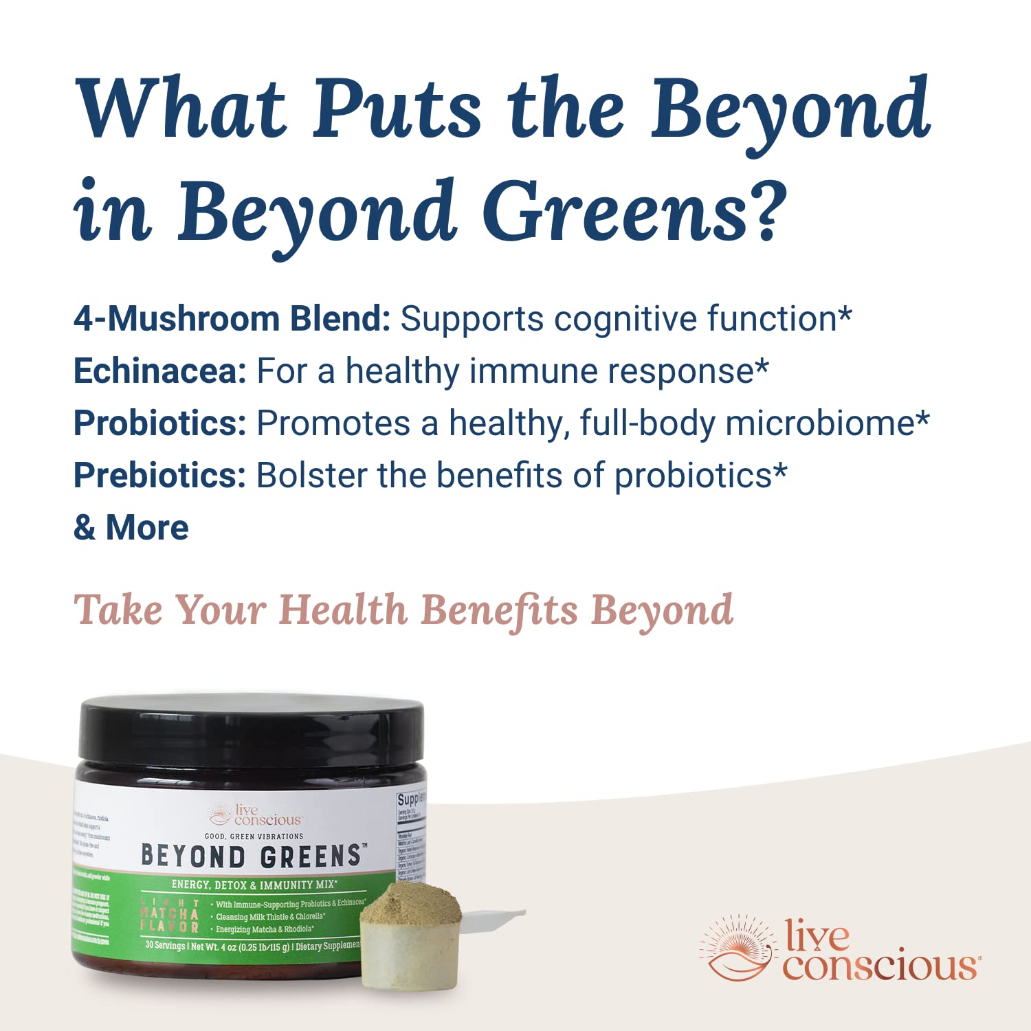 Live Conscious Beyond Greens mushroom blend imagery suggesting immune-friendly support.