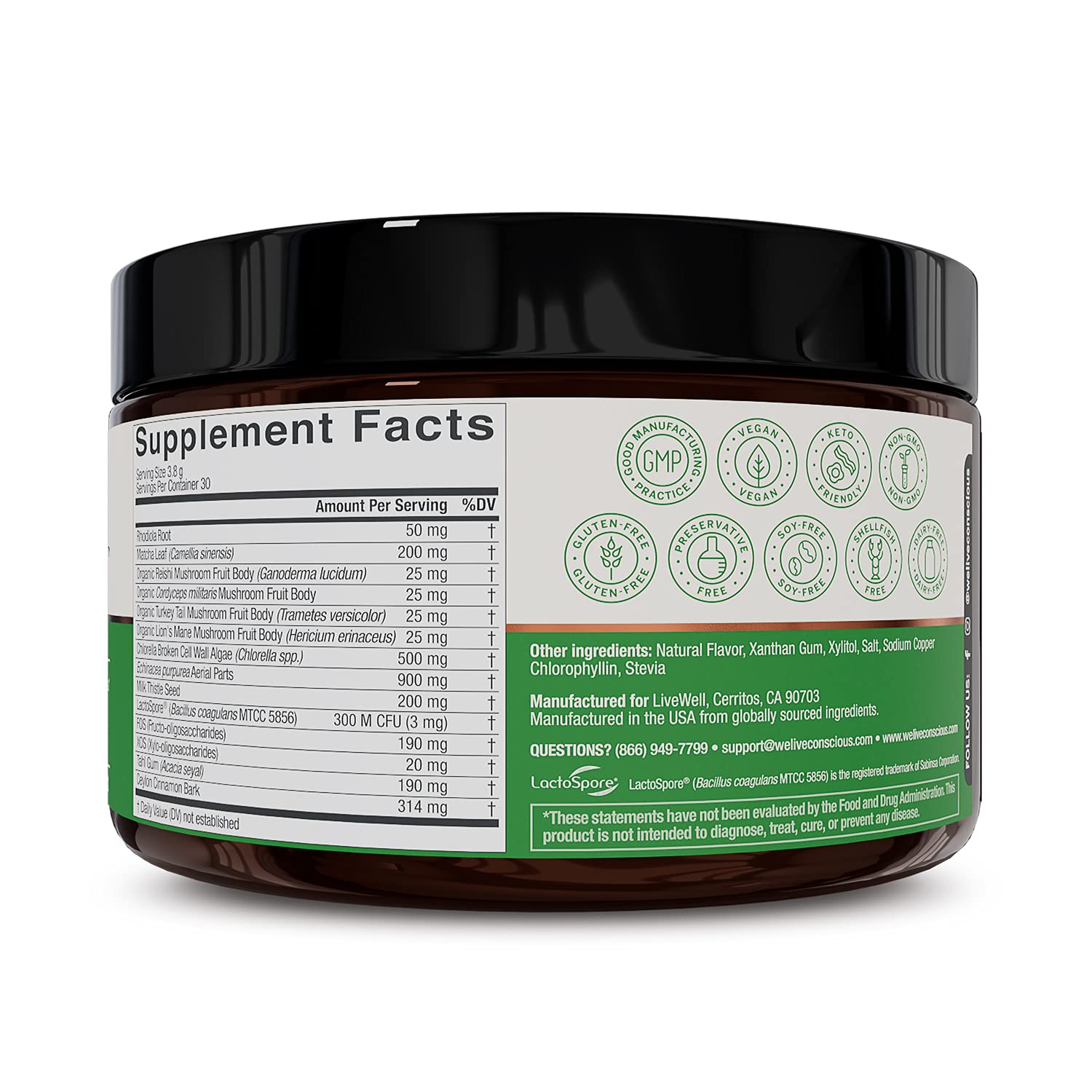 Live Conscious Beyond Greens probiotic blend signaling energy and gut health.