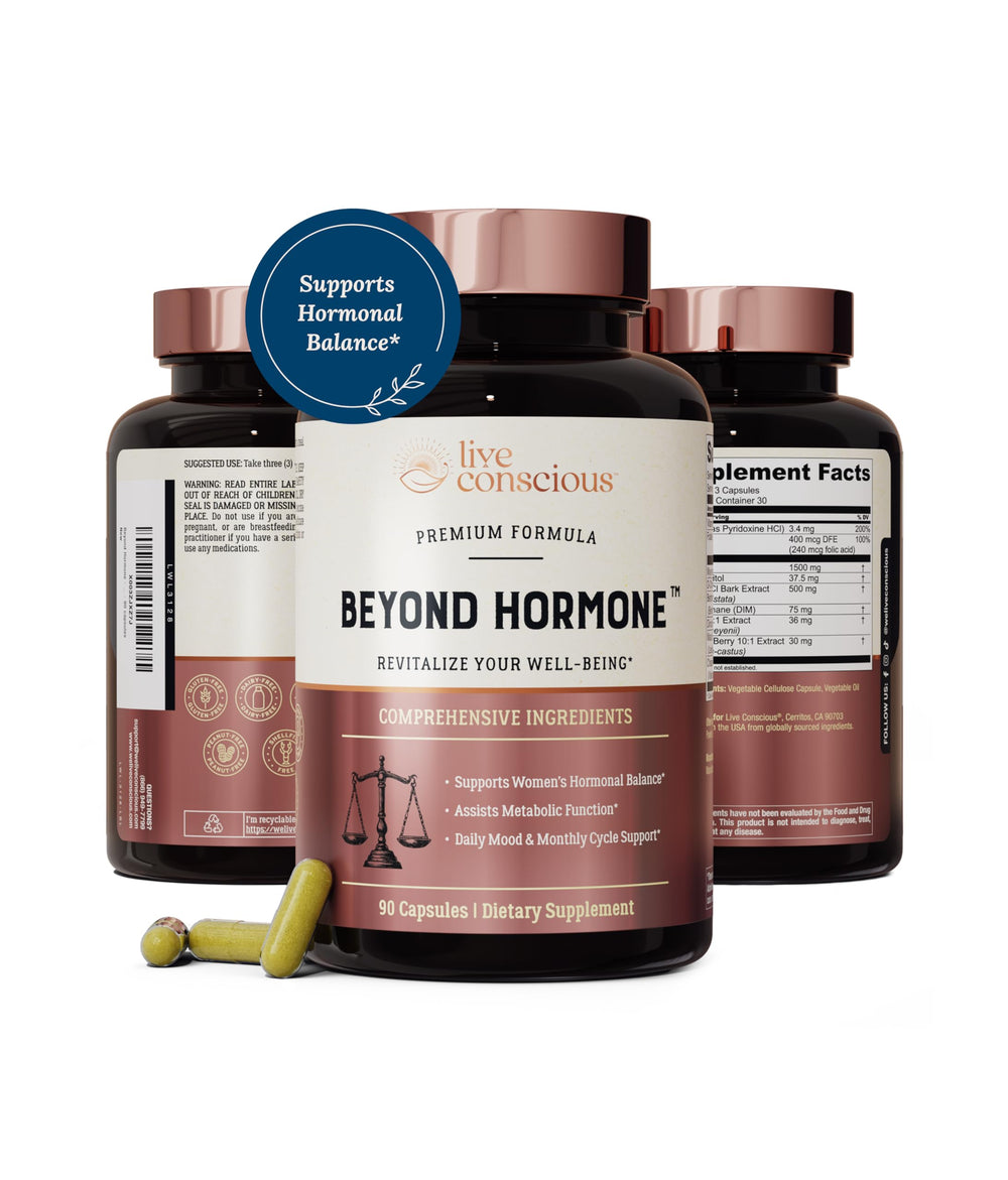 Live Conscious Beyond Hormone bottle front showing premium balance support for daily use.