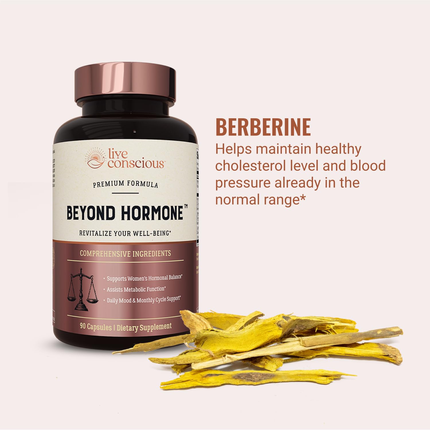 Live Conscious Beyond Hormone capsules closeup depicting easy-to-swallow daily capsules.