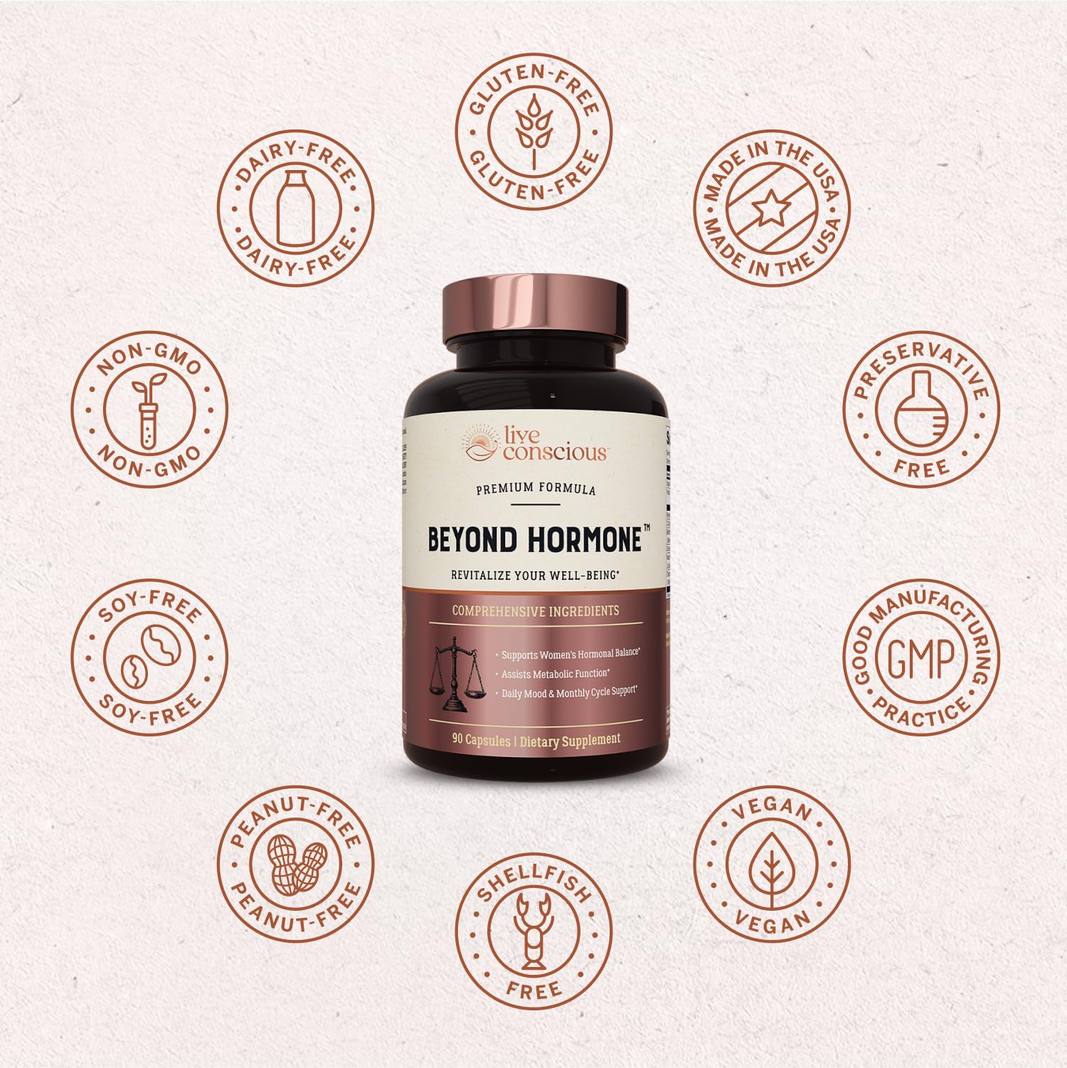 Live Conscious Beyond Hormone GMP logo signals quality and third-party testing.