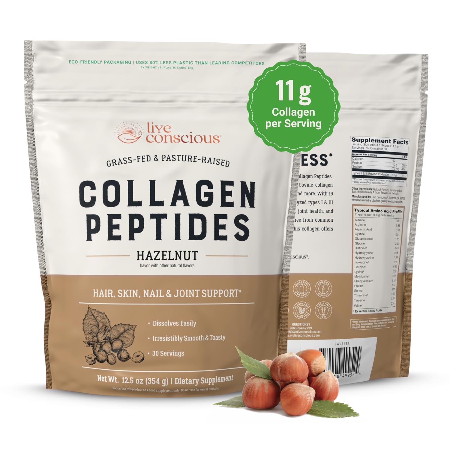 Live Conscious Collagen Hazelnut powder bottle showing hair, skin, nails support with grass-fed Type I & III peptides.