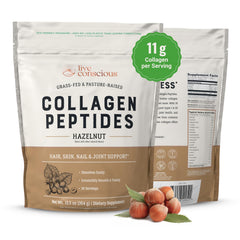 Live Conscious Collagen Hazelnut powder bottle showing hair, skin, nails support with grass-fed Type I & III peptides.