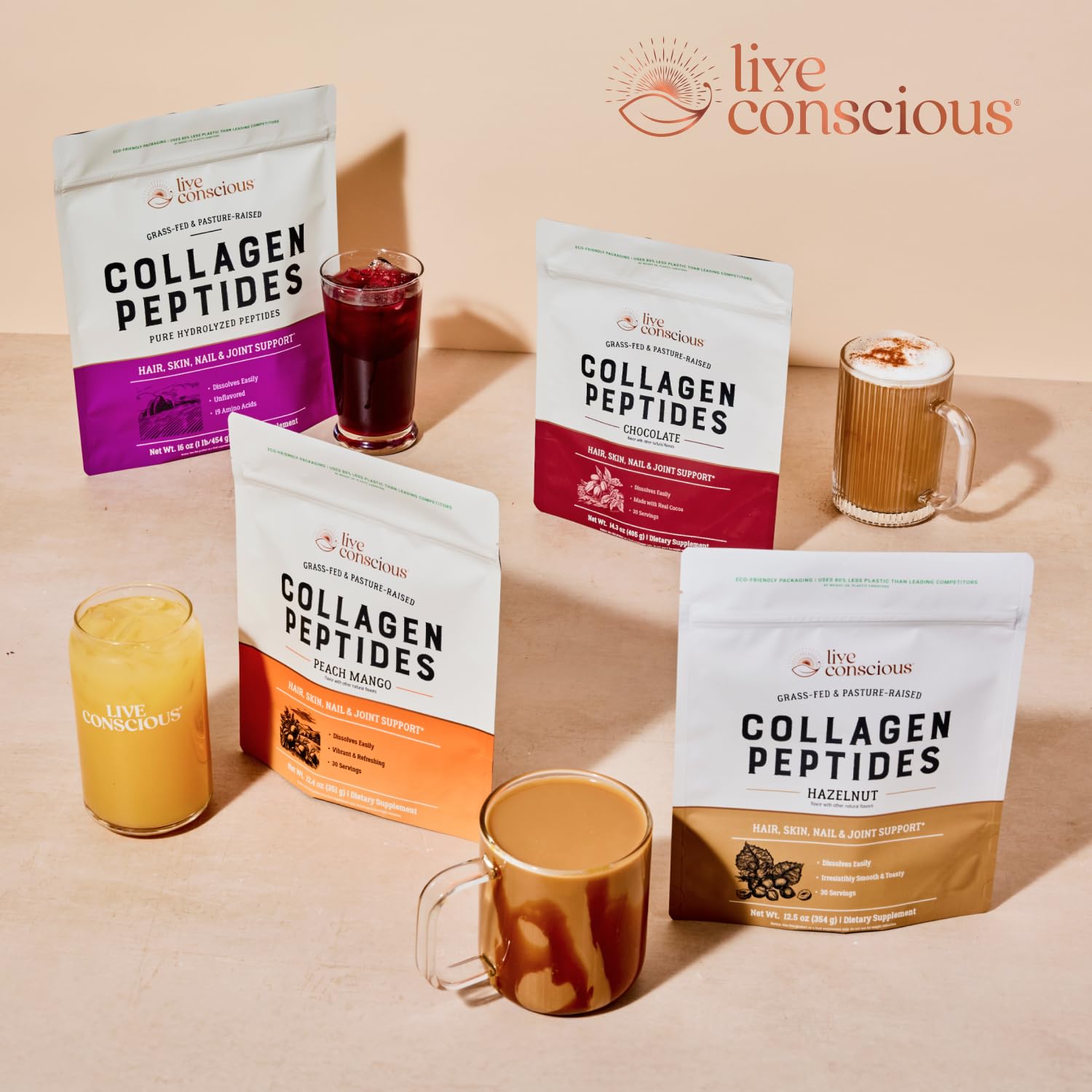 Live Conscious Collagen Hazelnut powder with foamy beverage demonstrating smooth dissolution.
