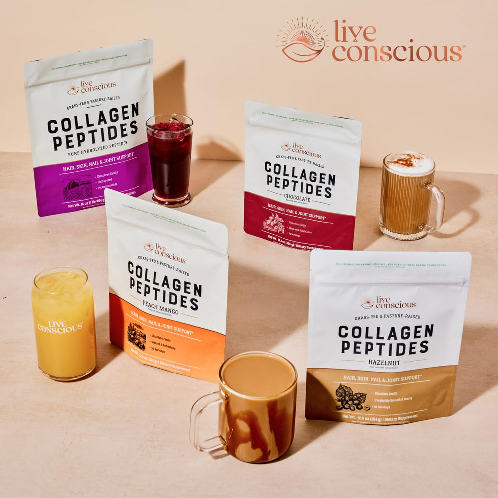 Live Conscious Collagen Hazelnut powder with foamy beverage demonstrating smooth dissolution.
