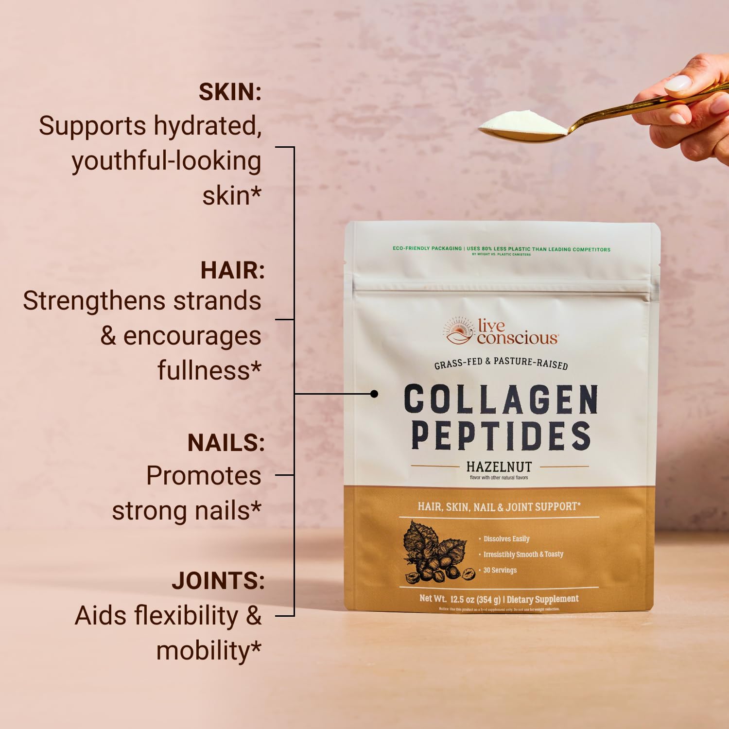 Live Conscious Collagen Hazelnut powder mix in glass illustrating easy beverage integration.