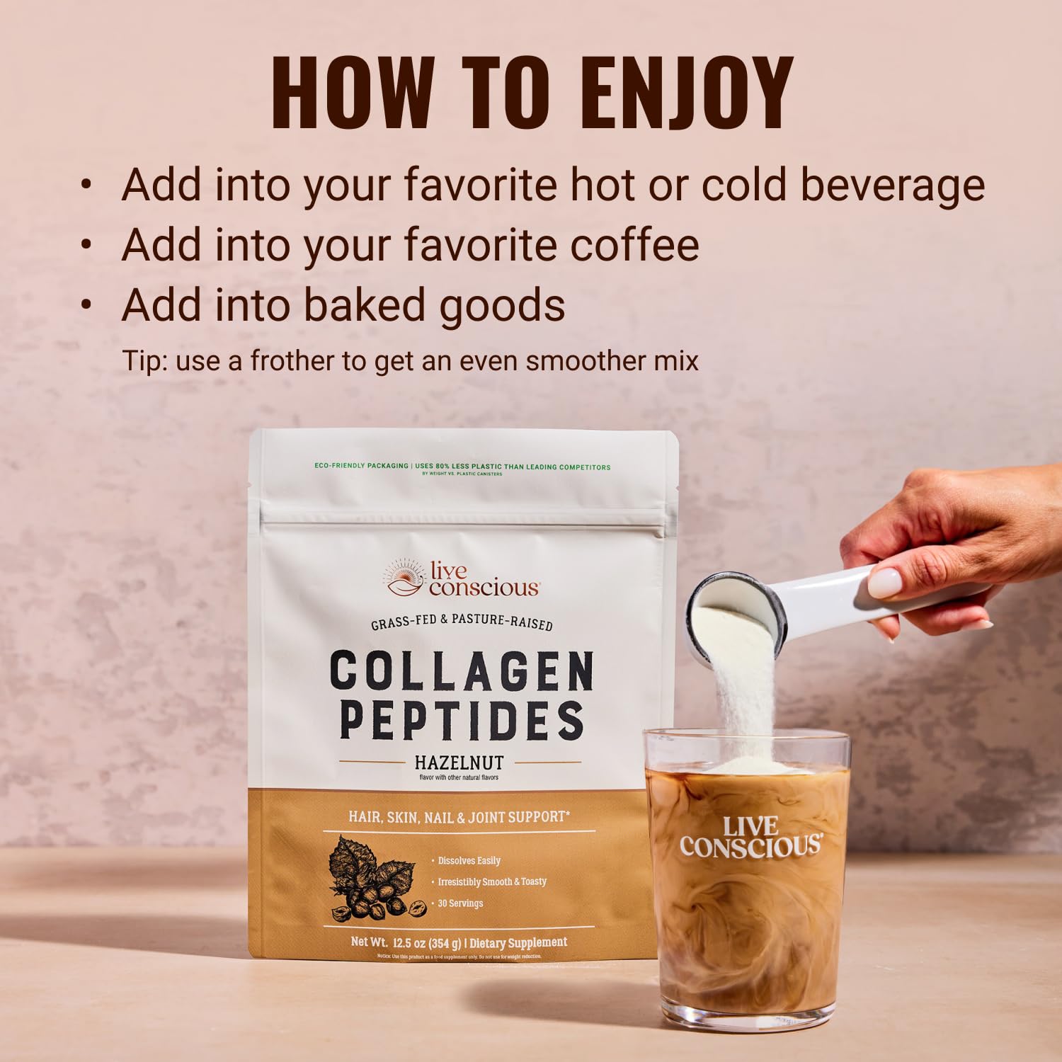 Live Conscious Collagen Hazelnut powder pour close-up highlighting smooth texture for daily use.