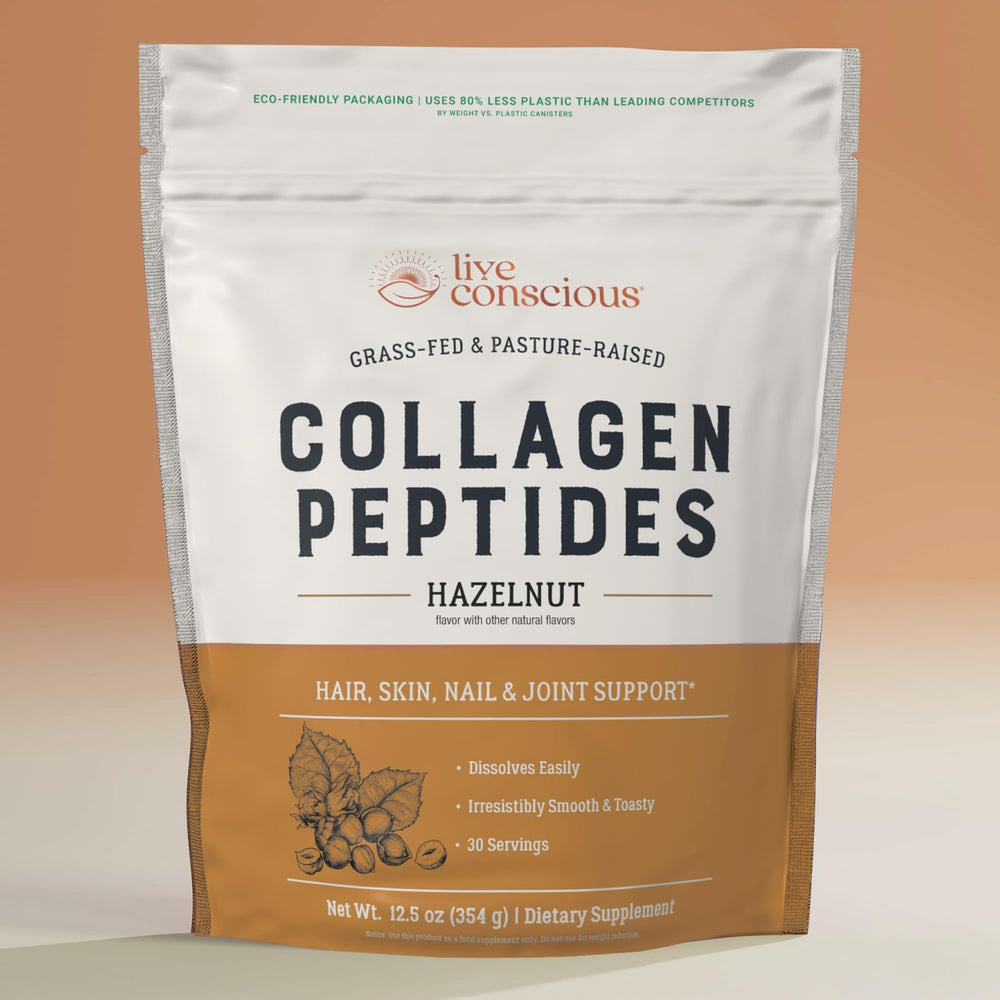 Live Conscious Collagen Hazelnut powder label showing serving size and usage ideas.