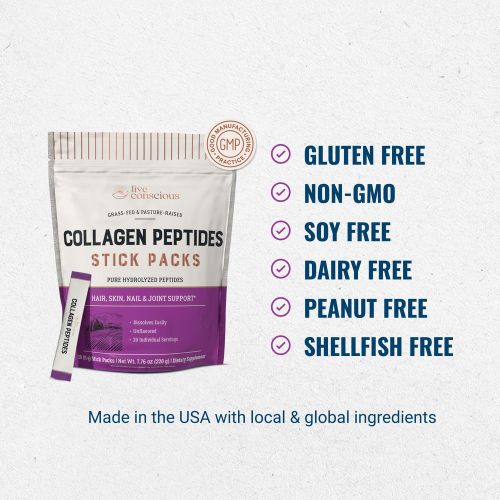 20-pack Live Conscious collagen packaging on kitchen counter.