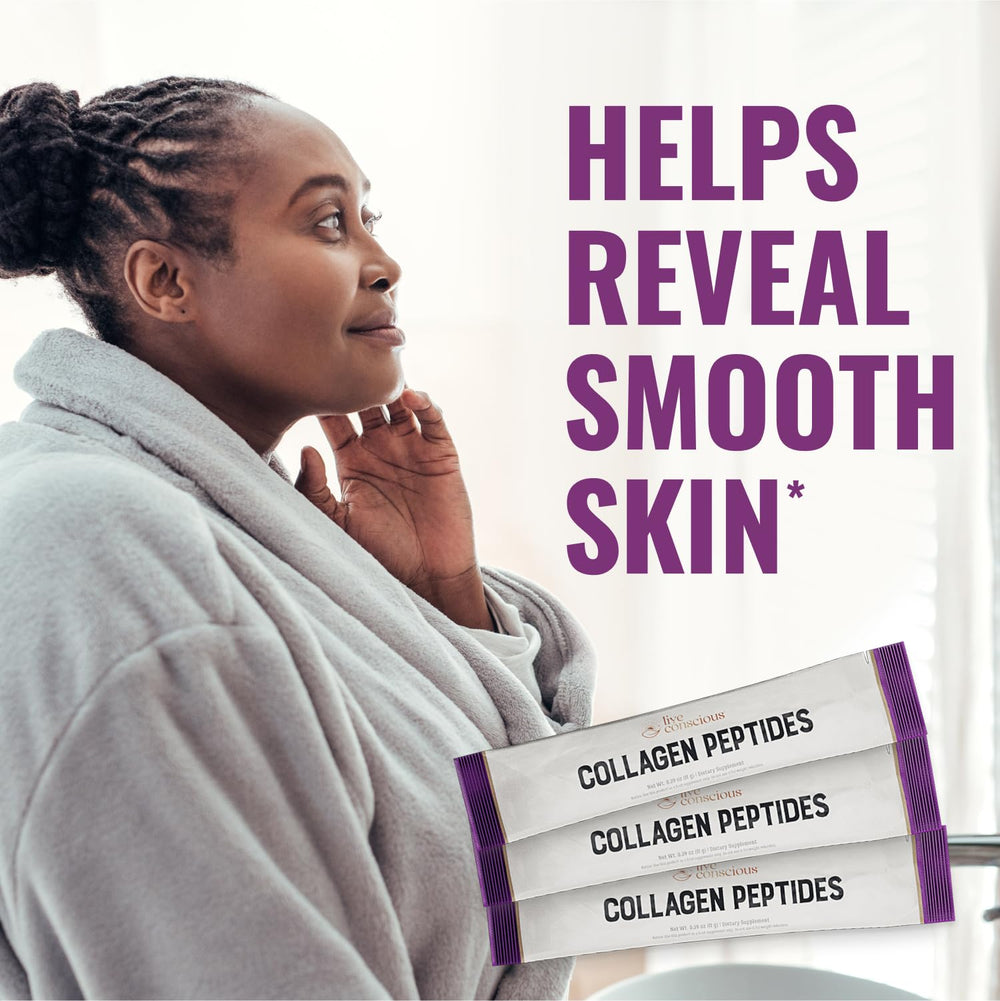 Open pouch shows portable collagen packets for on-the-go use.