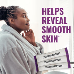 Open pouch shows portable collagen packets for on-the-go use.