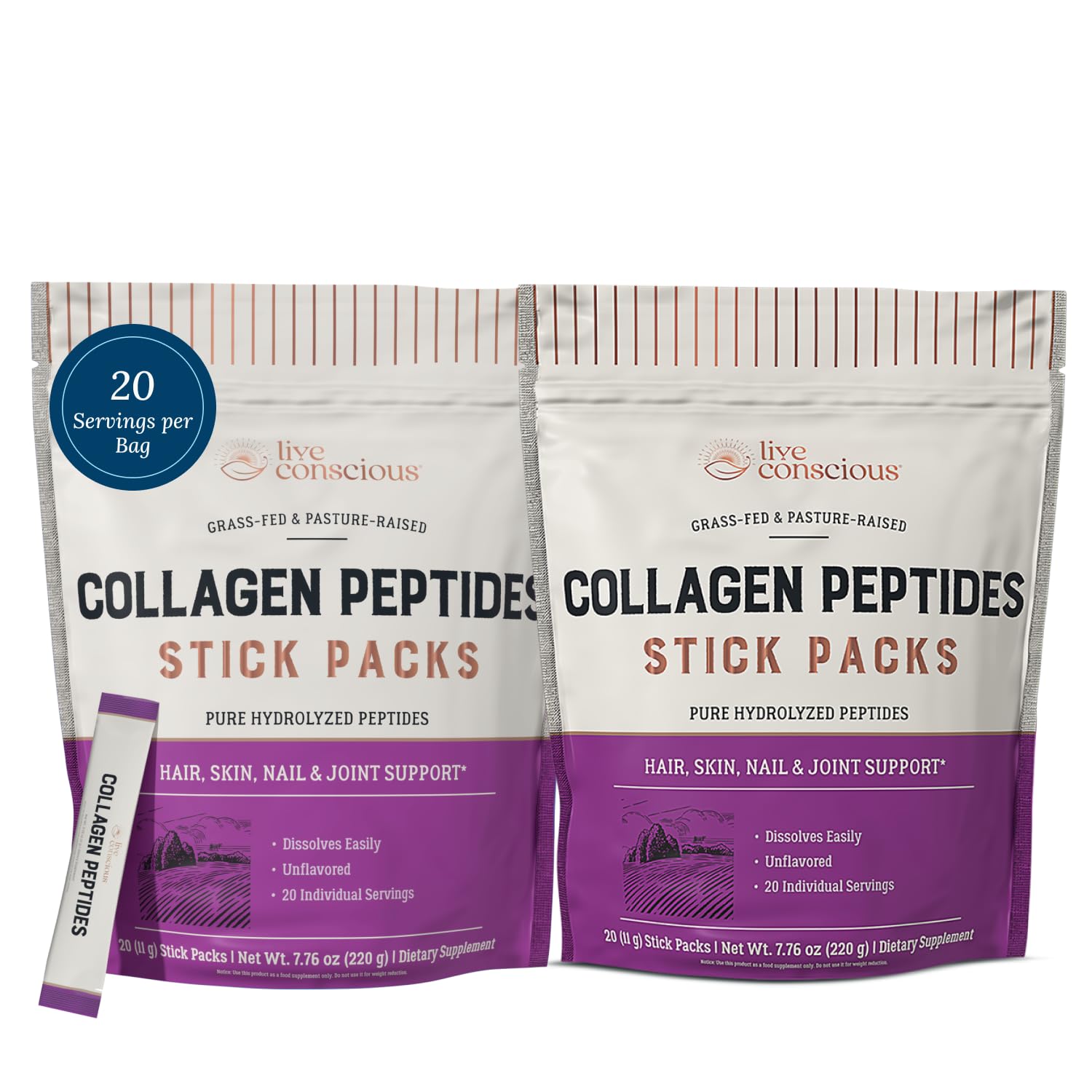 Live Conscious collagen packets unflavored front view for daily hair and skin support.