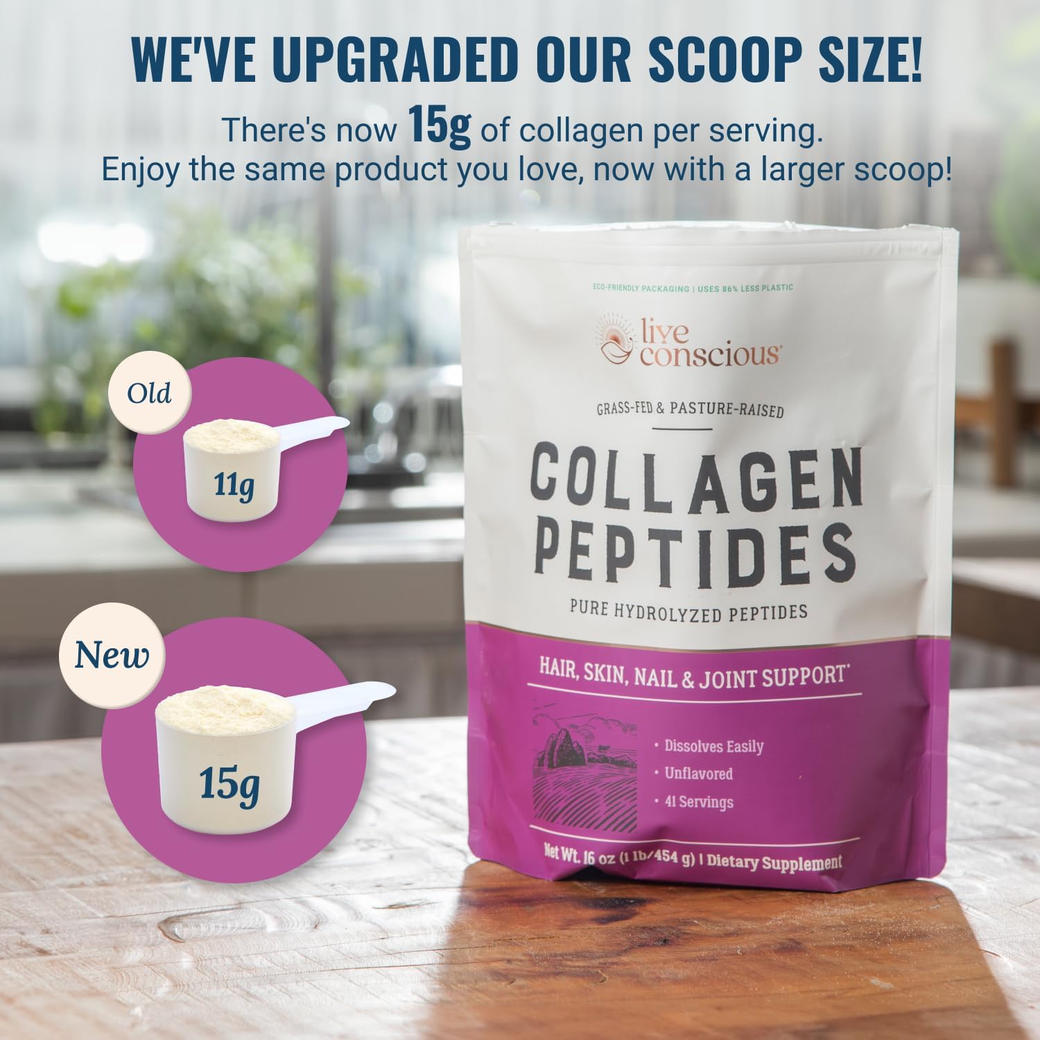Live Conscious Collagen Peptides tub beside smoothie to support beauty routine.