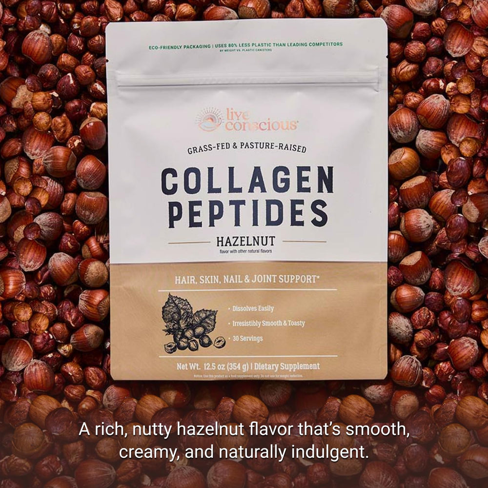 Live Conscious hazelnut collagen powder tub ready to mix into smoothies