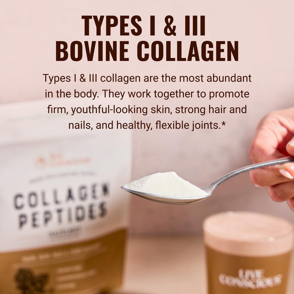 Live Conscious hazelnut collagen mix stirred into yogurt for texture and flavor