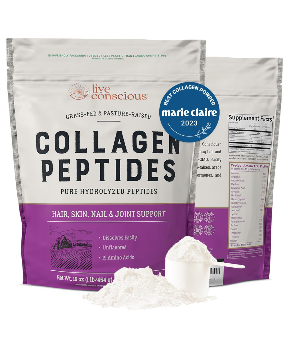 Live Conscious Collagen Peptides bottle on counter with scoop for skin support.