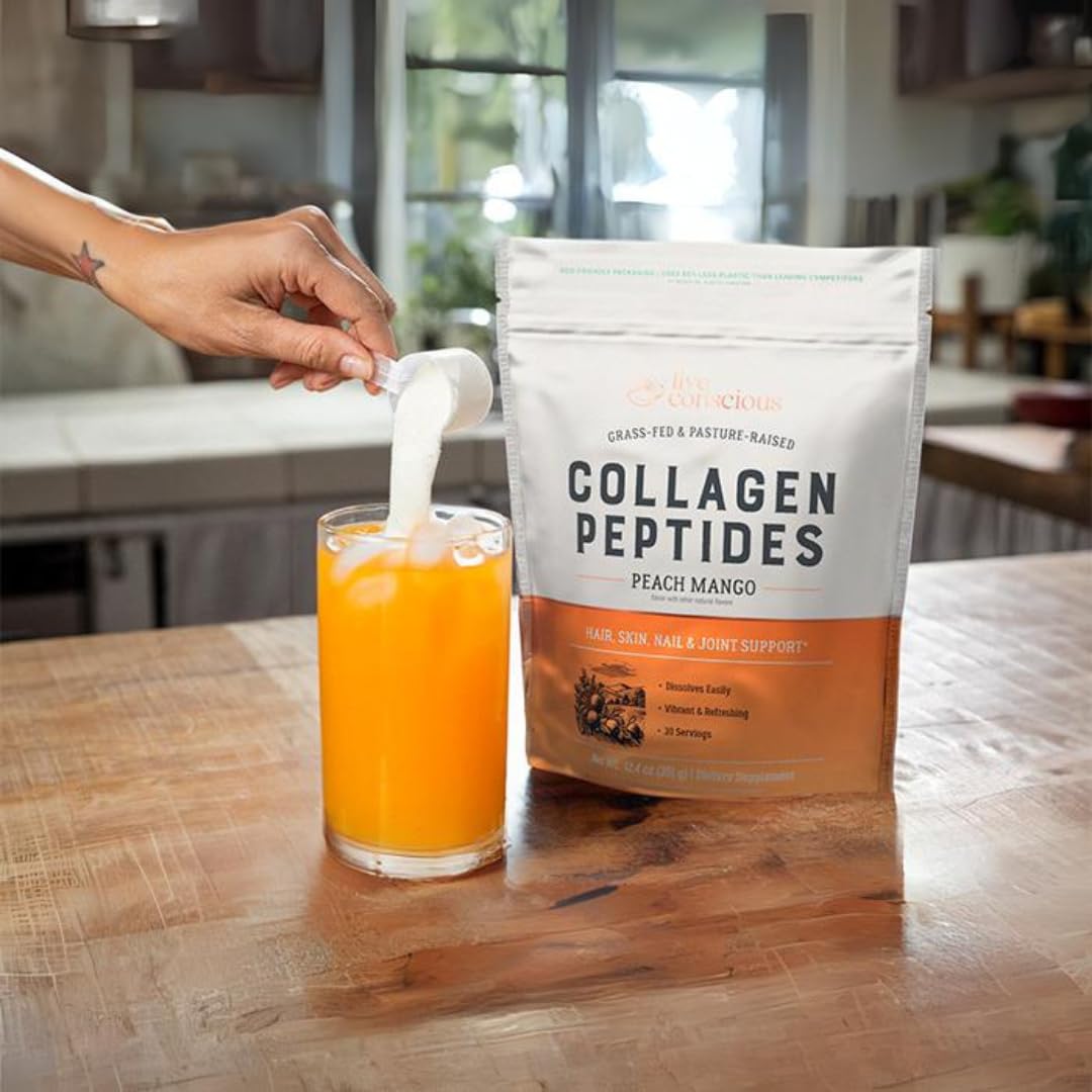 Live Conscious Collagen Peptides Peach Mango scoop shows easy measurement for daily use.