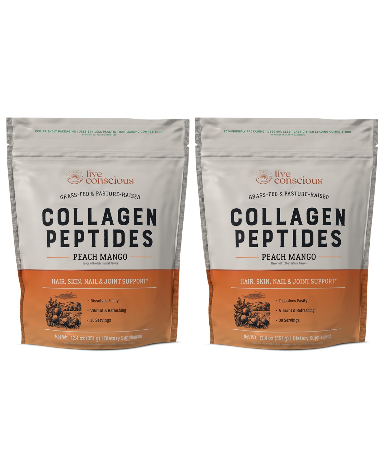 Live Conscious Collagen Peptides Peach Mango tub, powder ready for daily skin and joint support.