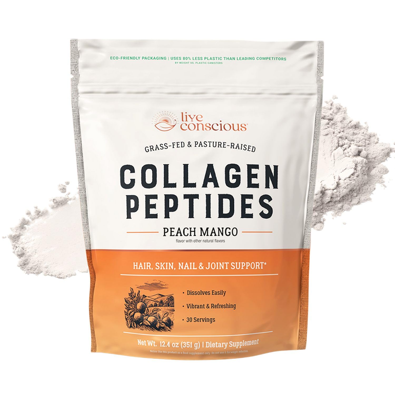 Live Conscious Collagen Peptides Peach Mango tub for daily skin, hair, and nails support.