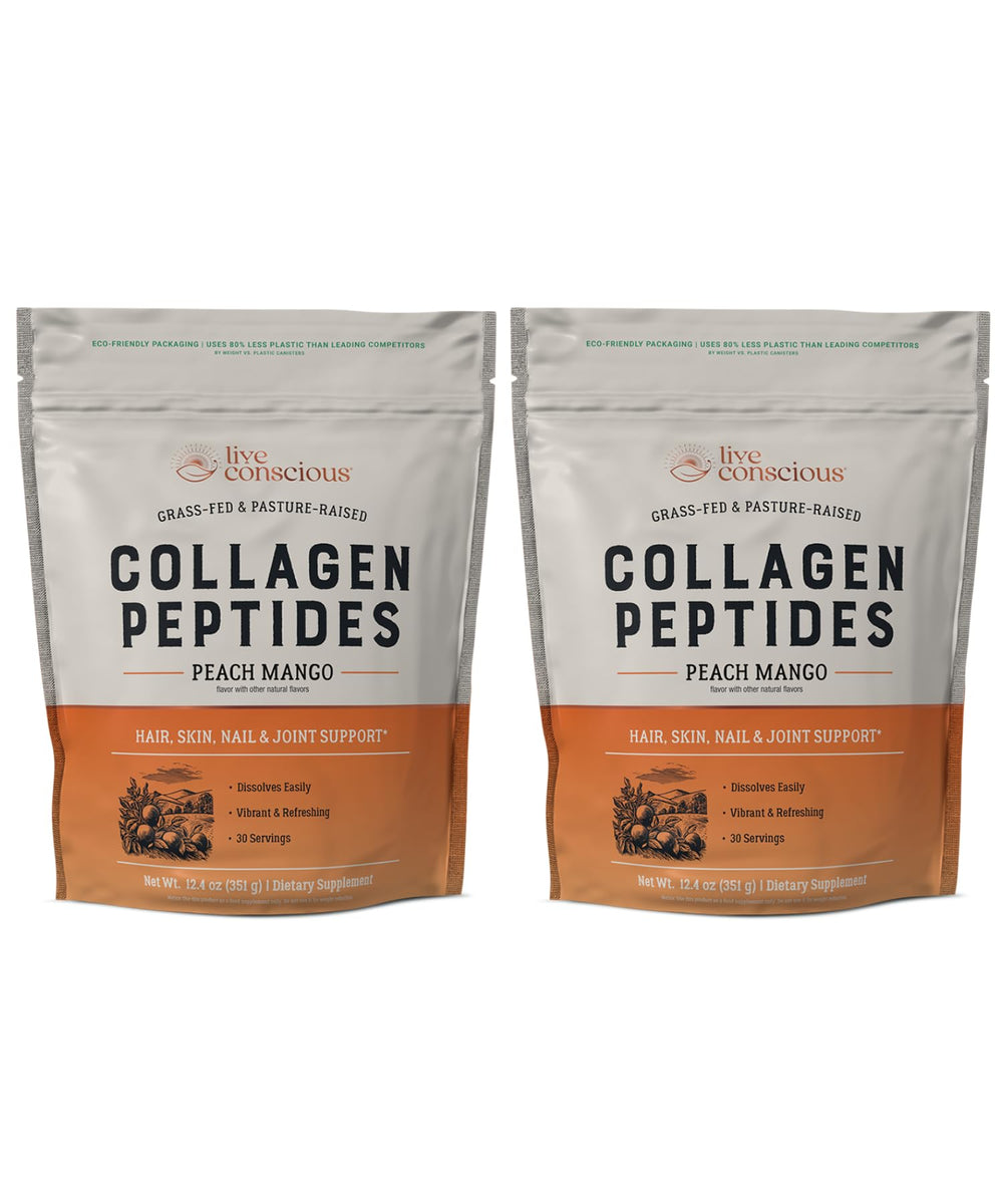 Live Conscious Collagen Peptides Peach Mango tub, powder ready for daily skin and joint support.