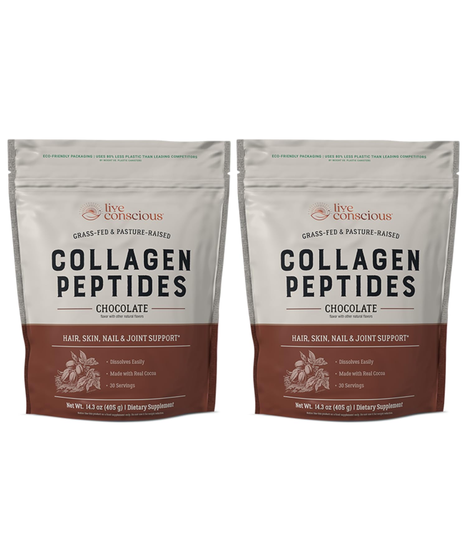 Live Conscious Collagen Peptides Powder Chocolate bottle supports hair, skin, nails and joints.