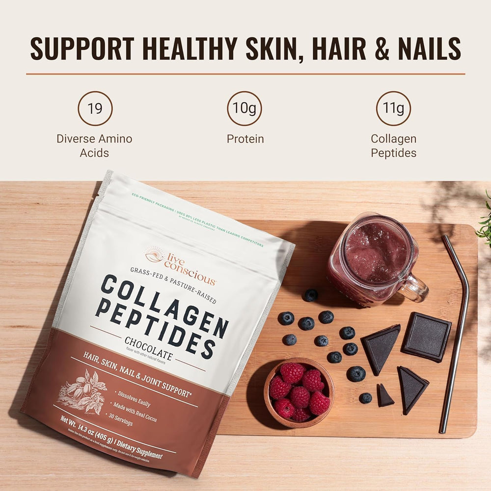 Live Conscious Collagen Peptides Powder Chocolate scoop highlights easy daily serving.