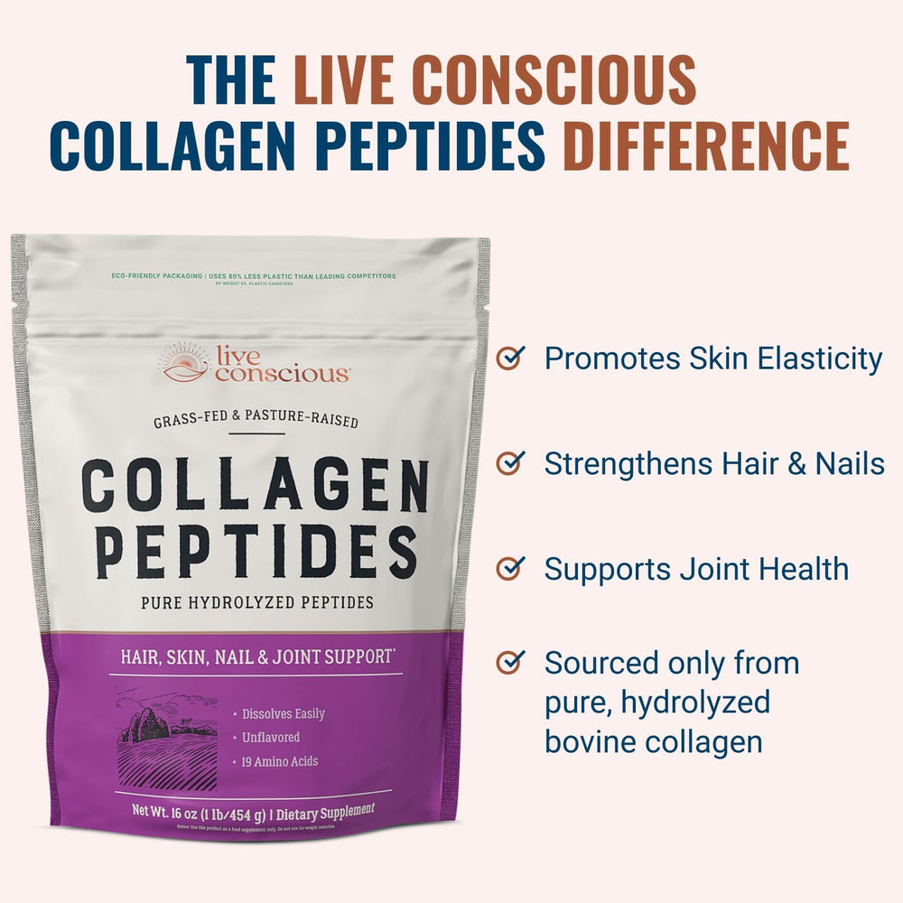 Live Conscious Collagen Peptides glass with smoothie promoting joint support.