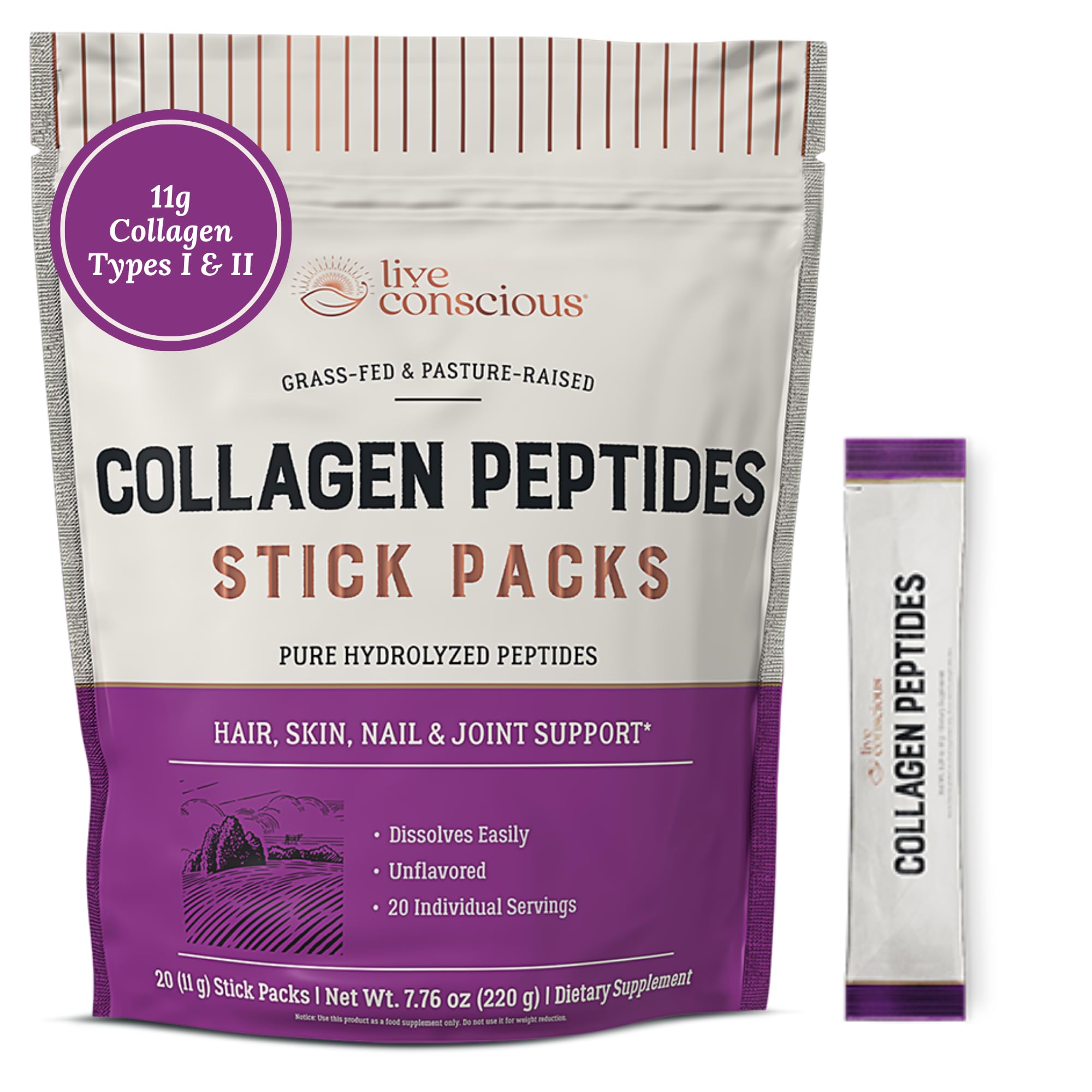 Live Conscious collagen peptides unflavored packet dissolves easily in drinks