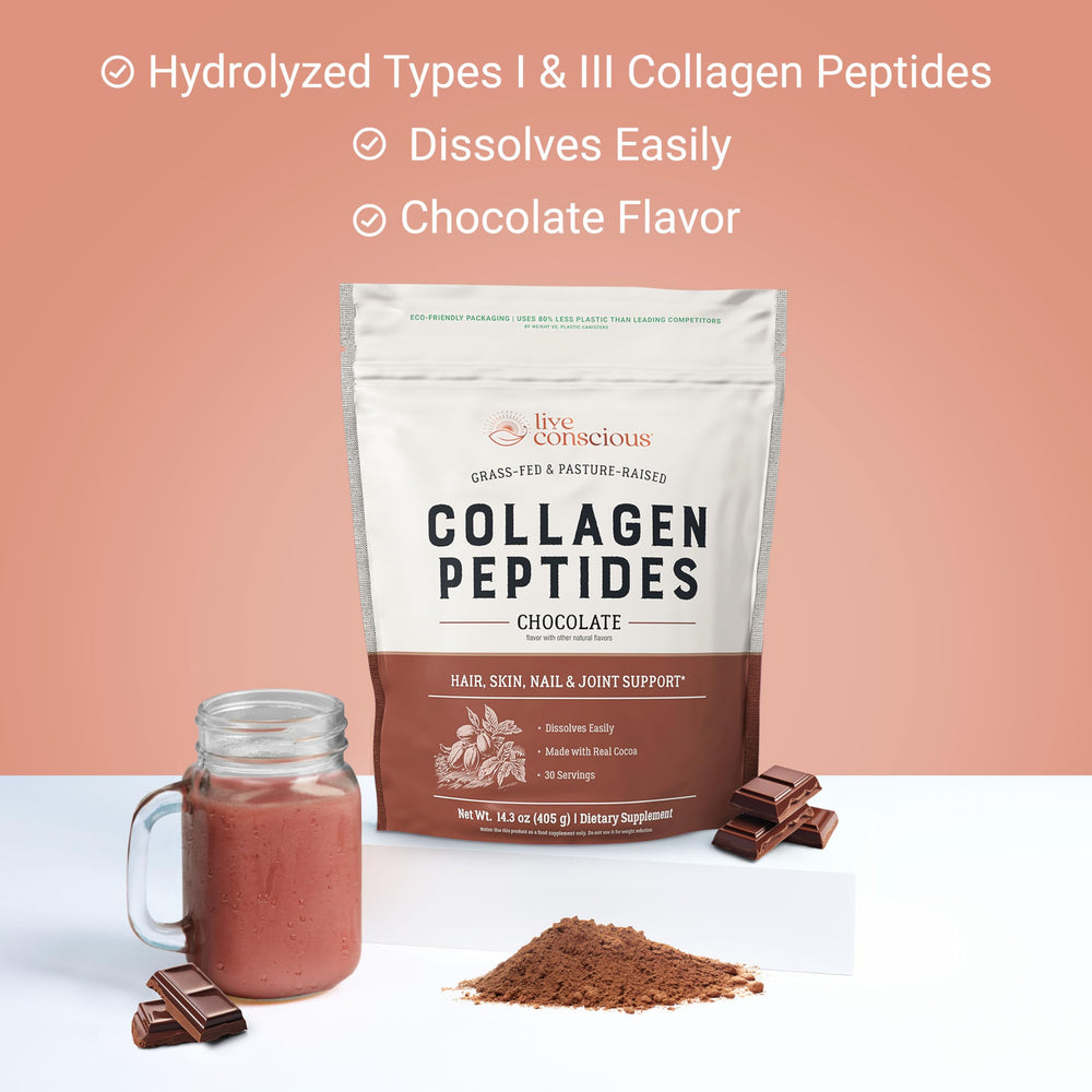 Live Conscious collagen powder chocolate glass with froth showing creamy texture and mixability.