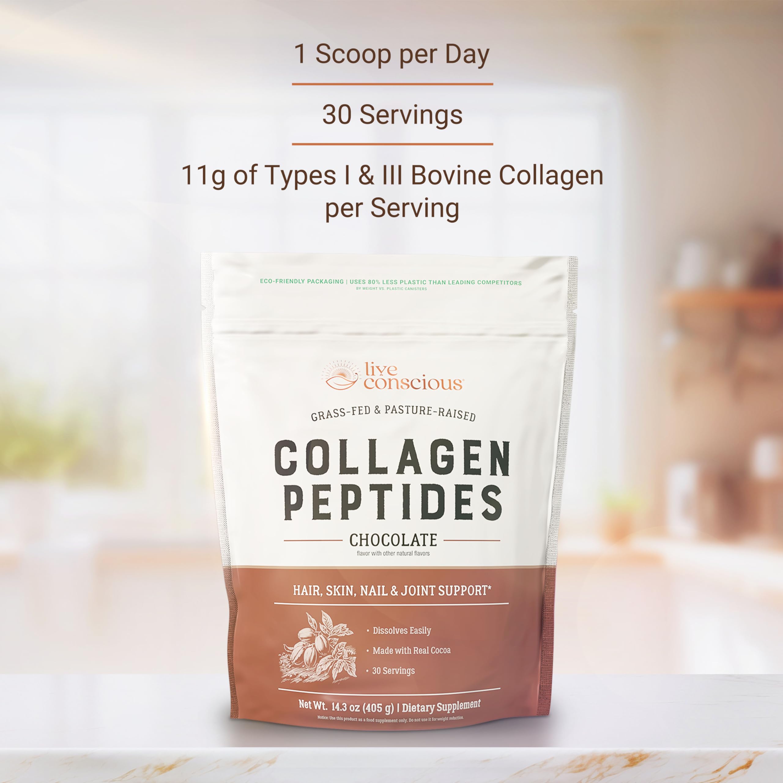 Live Conscious collagen powder chocolate mixed into a shake for smooth flavor and nourishment.
