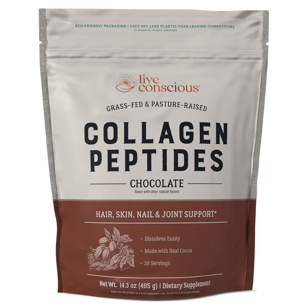 Live Conscious collagen powder chocolate pantry storage ready for everyday routine.