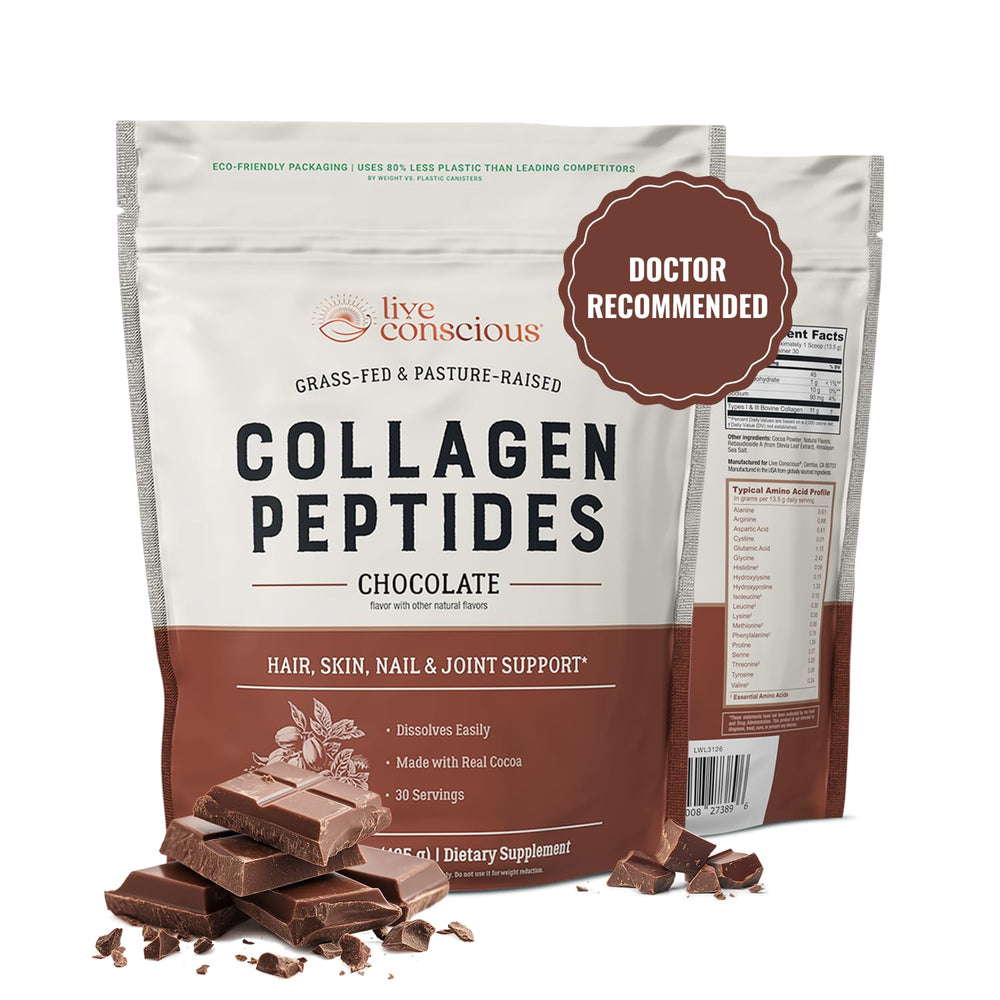 Live Conscious Collagen Powder Chocolate in tub with label, supporting radiant skin and hair.