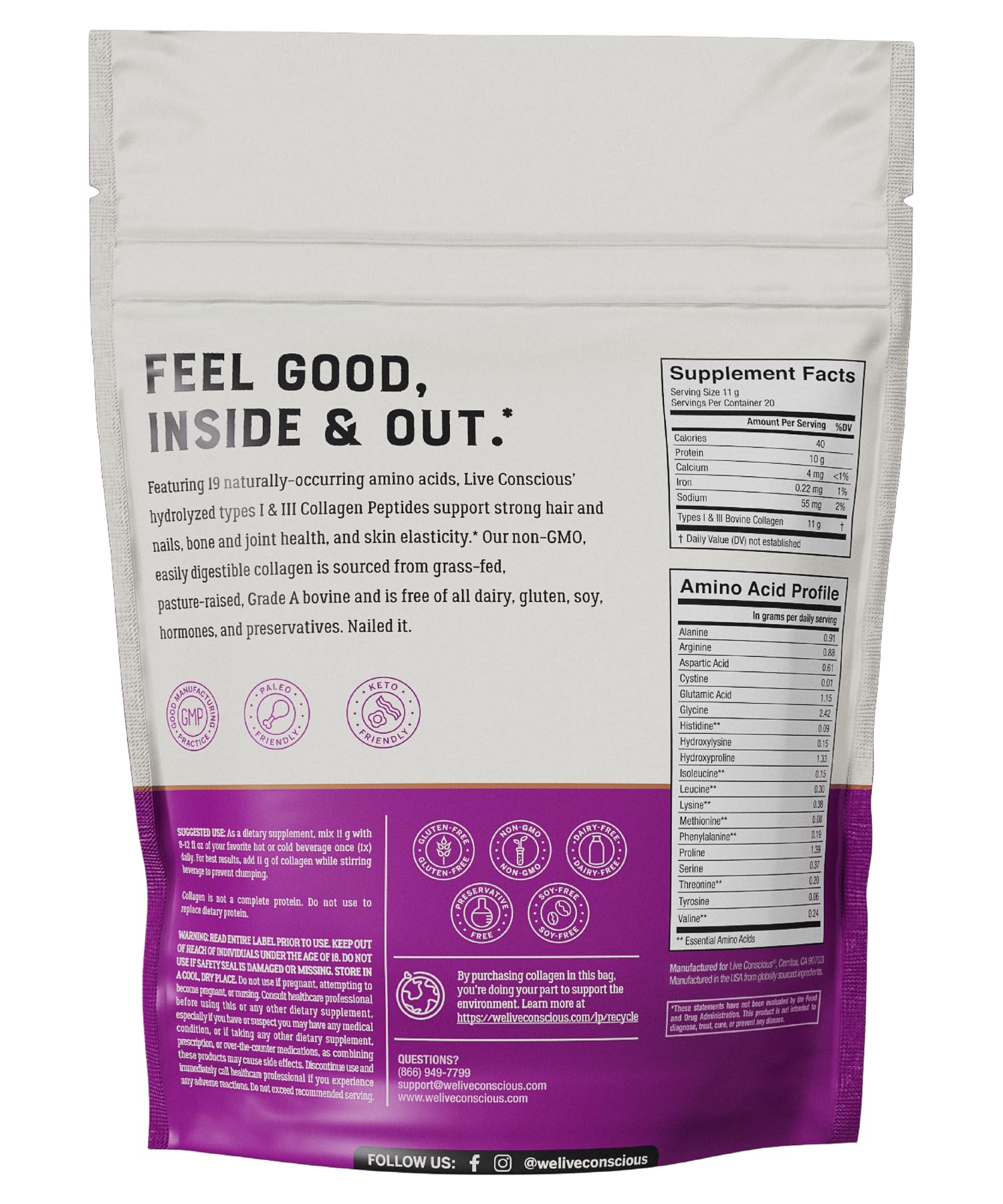 Live Conscious collagen powder with keto-paleo badge appeals to health-conscious lifestyles