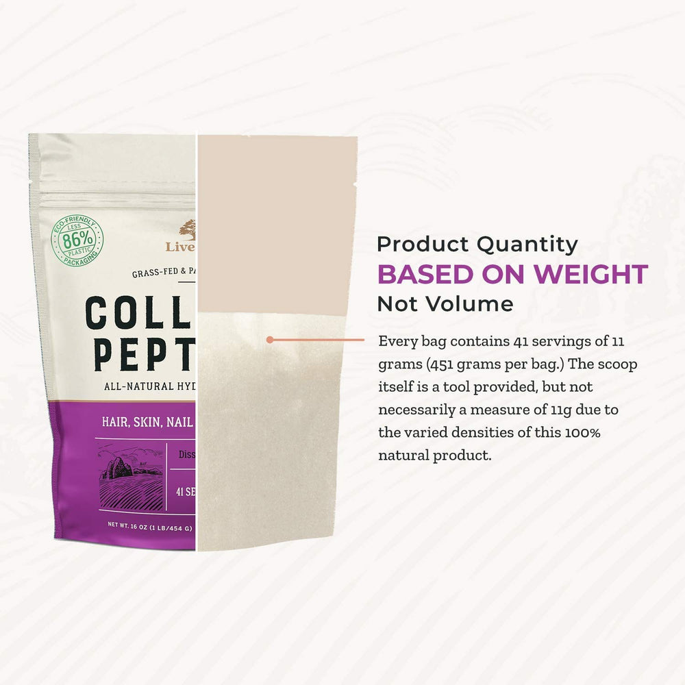 Live Conscious collagen powder scoop beside jar, illustrating easy mixing for daily smoothies