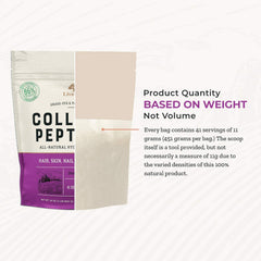 Live Conscious collagen powder scoop beside jar, illustrating easy mixing for daily smoothies