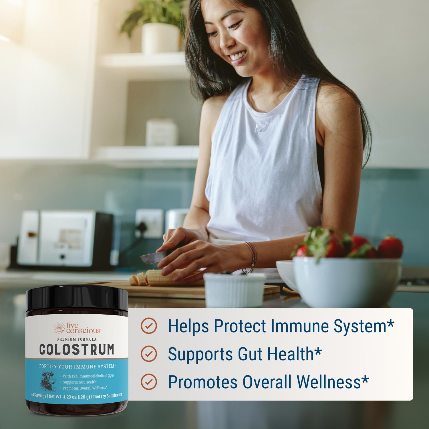 Live Conscious Colostrum Powder IgG and lactoferrin close-up for immune components