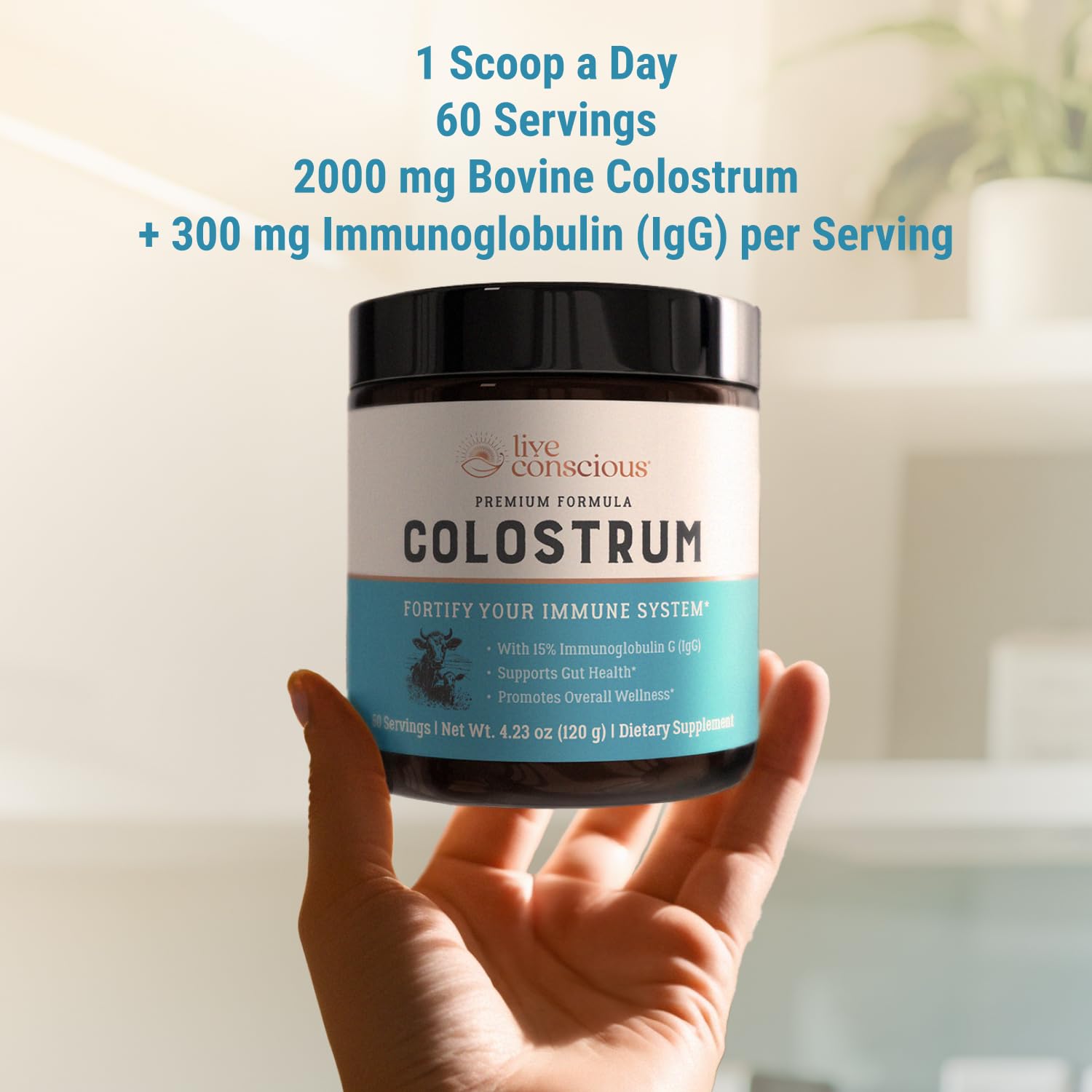 Live Conscious Colostrum Powder being poured into water for quick mixing