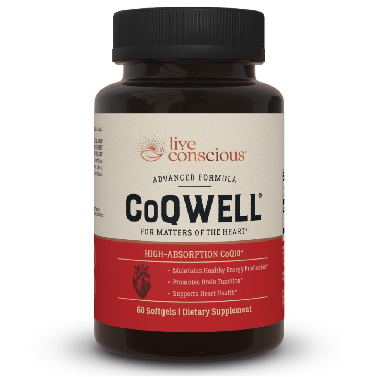 Live Conscious CoQWell bottle close-up showing 100 mg CoQ10 per serving for energy support
