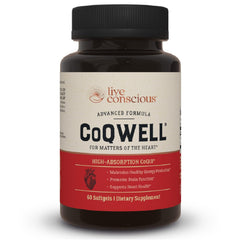 Live Conscious CoQWell bottle close-up showing 100 mg CoQ10 per serving for energy support