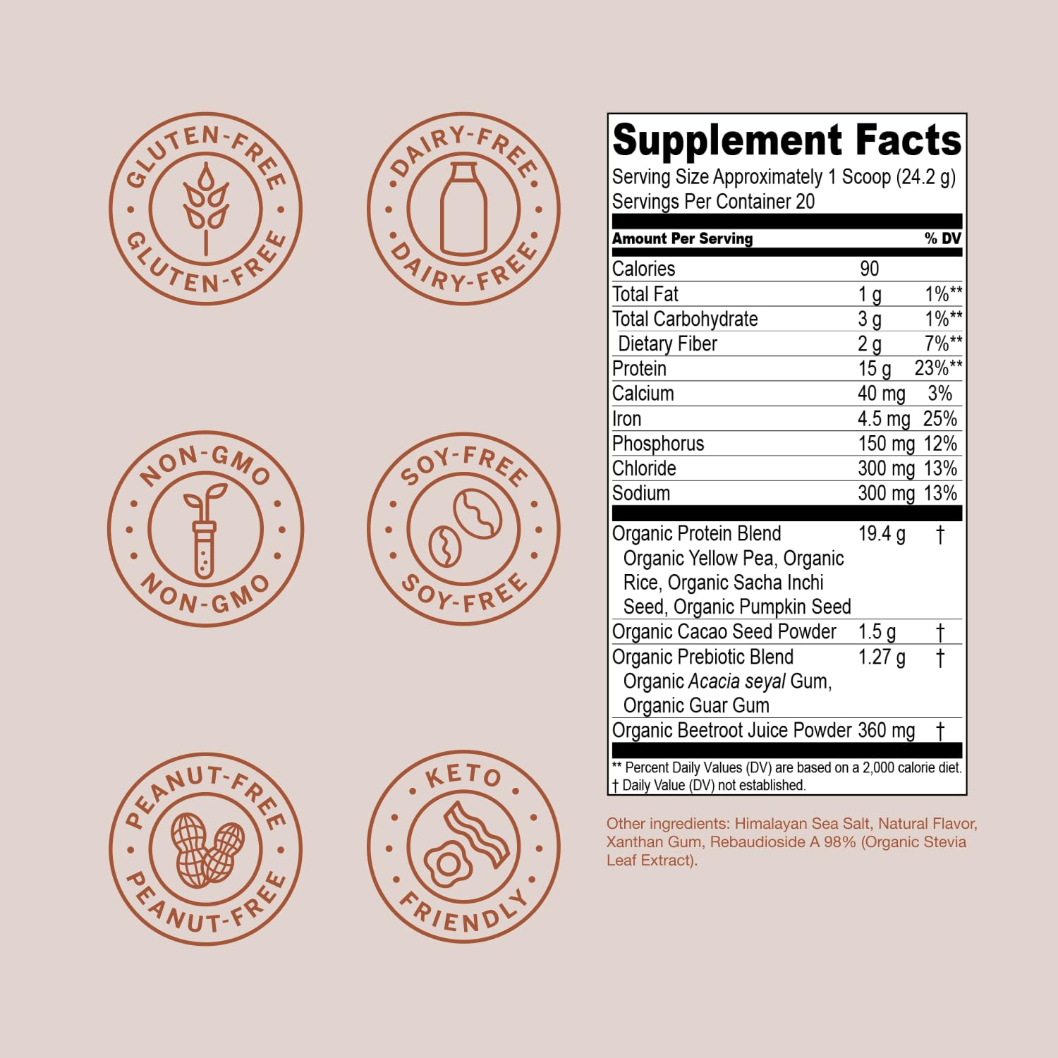 Live Conscious Cosmic Cacao bottle highlights vegan protein option.