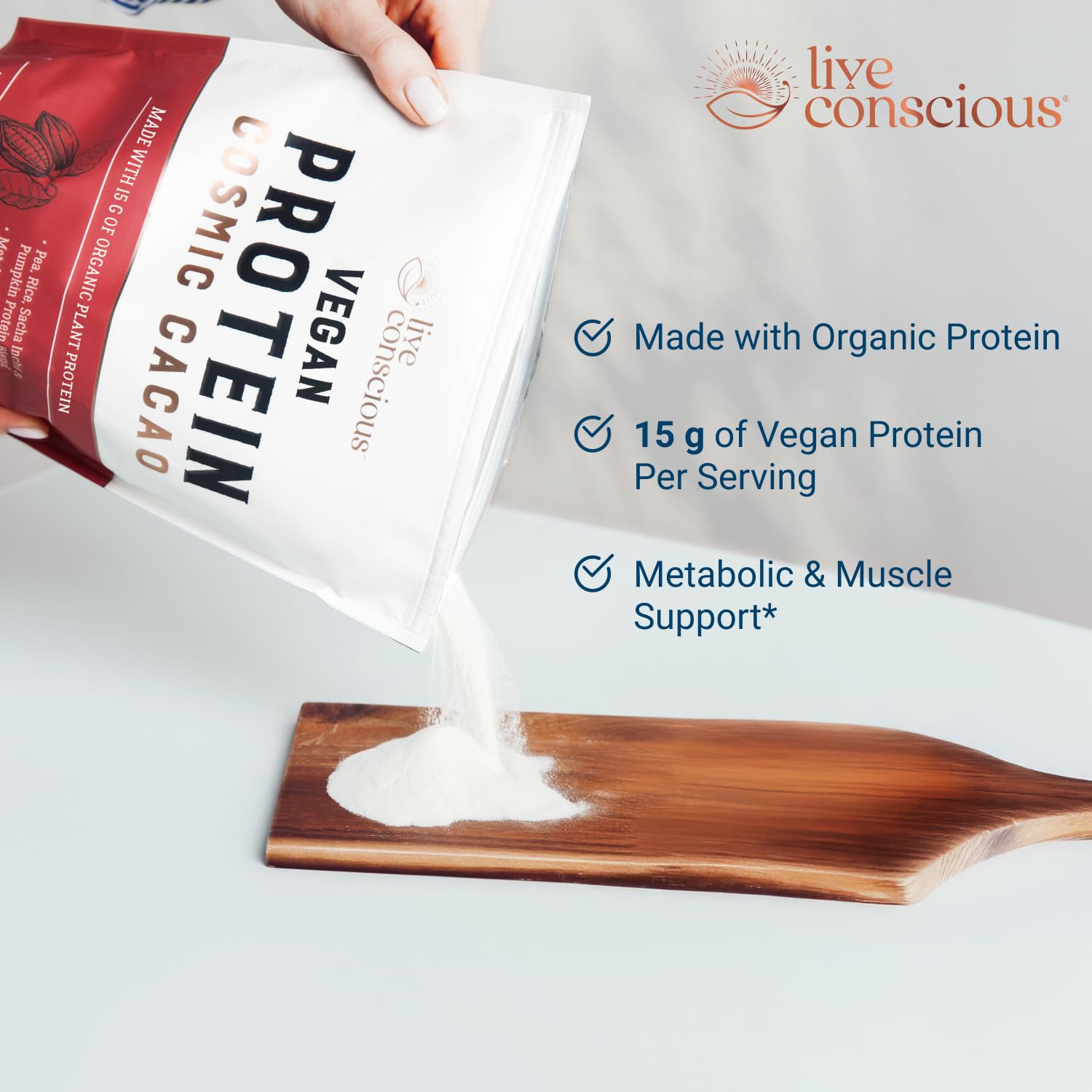 Live Conscious Cosmic Cacao label close-up highlights organic ingredients.