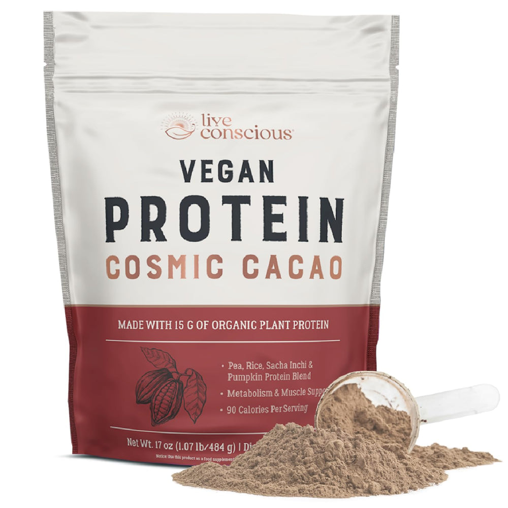 Live Conscious Cosmic Cacao protein powder tub for clean plant-based protein.
